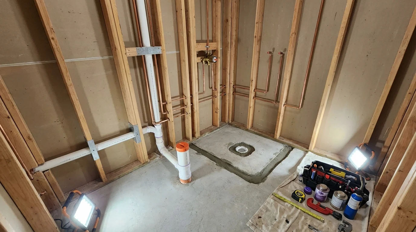 Bathroom rough-in plumbing during remodel by Johns Plumbing LLC in Grosse Pointe