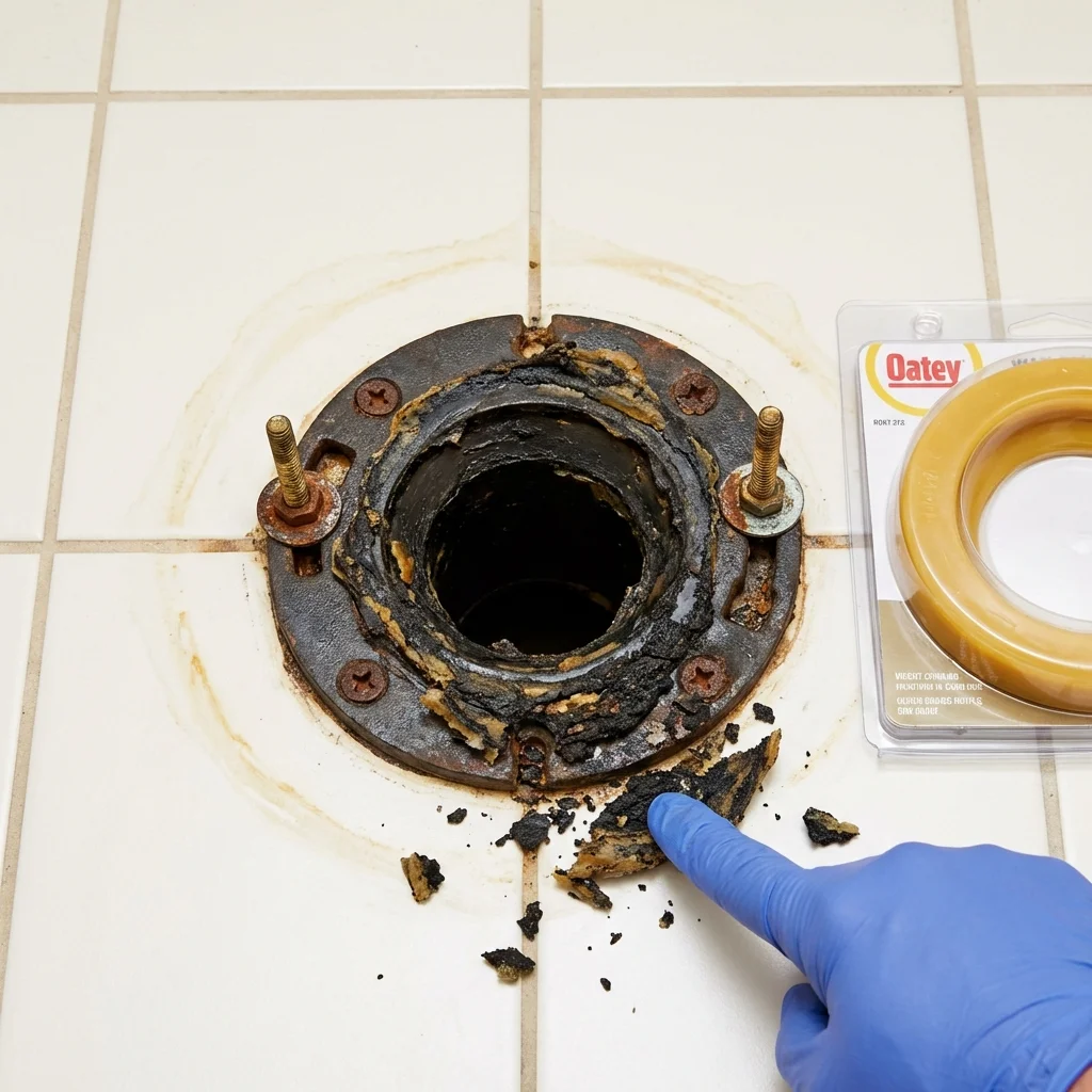 Failed wax ring showing water seepage at the base of a toilet in a Grosse Pointe, MI home