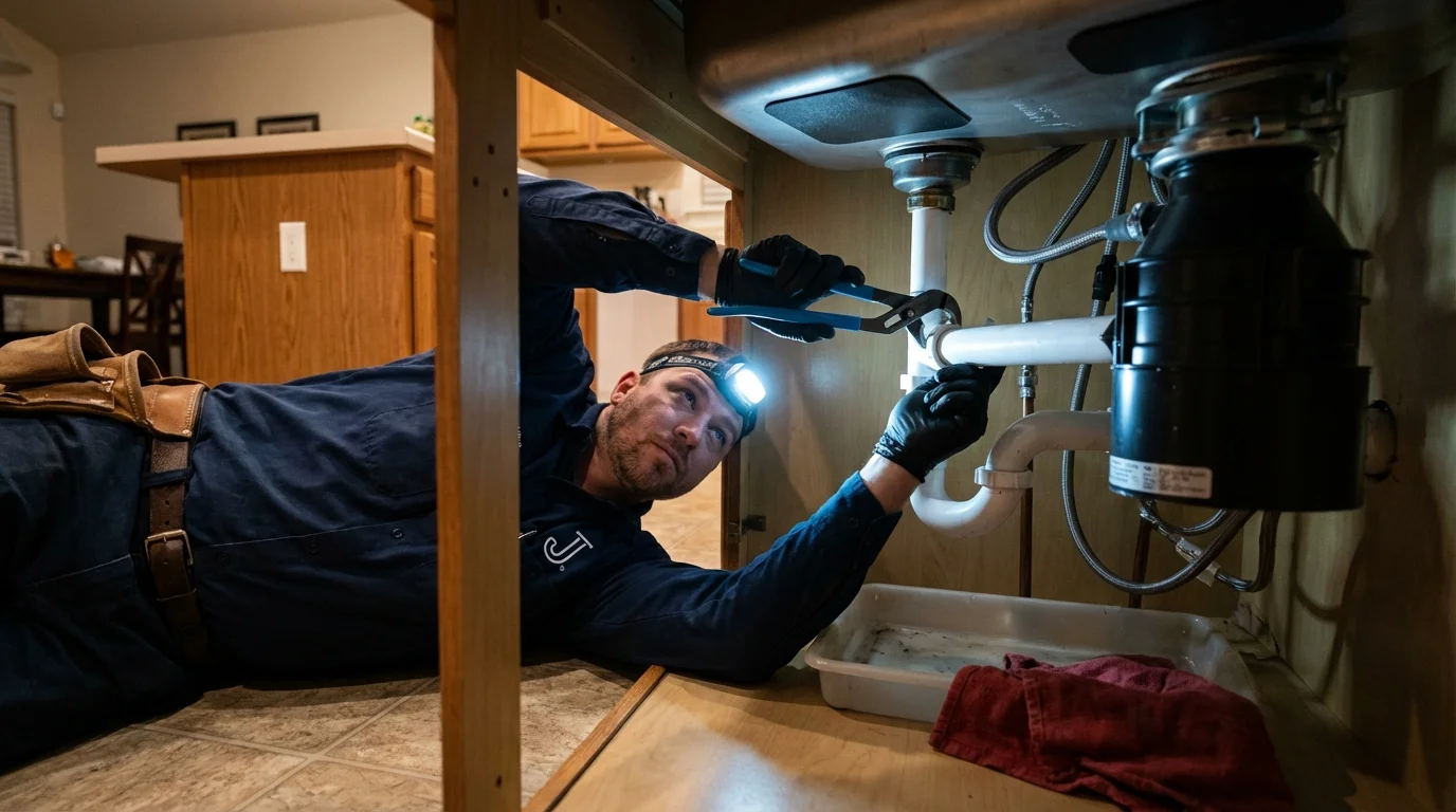 P-trap and supply line connections under a kitchen sink showing a common leak point in Grosse Pointe, MI